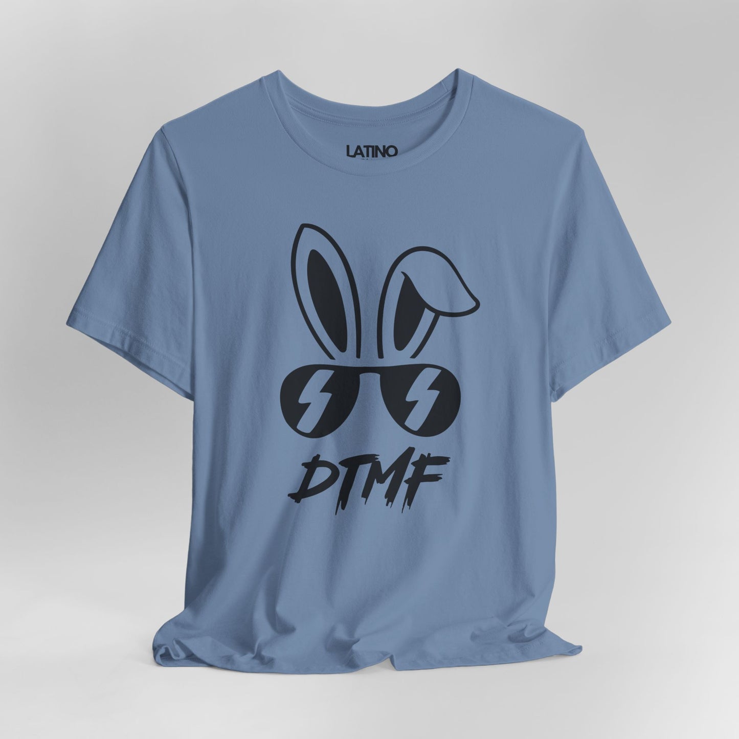 Close Up Steel Blue DTMF T-Shirt featuring bold bunny ears and lightning sunglasses design - Latino In Da House