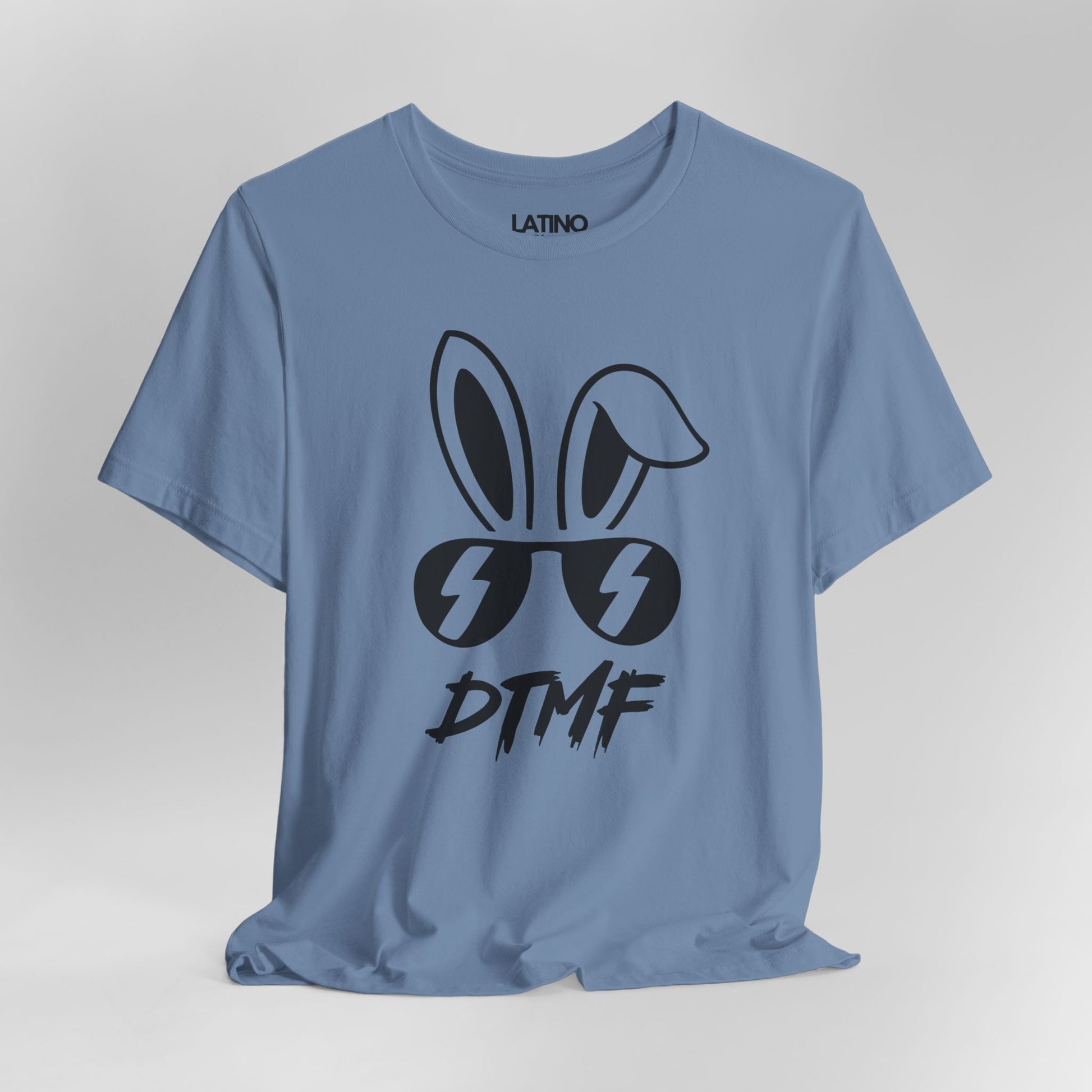 Close Up Steel Blue DTMF T-Shirt featuring bold bunny ears and lightning sunglasses design - Latino In Da House