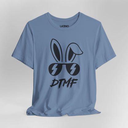 Close Up Steel Blue DTMF T-Shirt featuring bold bunny ears and lightning sunglasses design - Latino In Da House