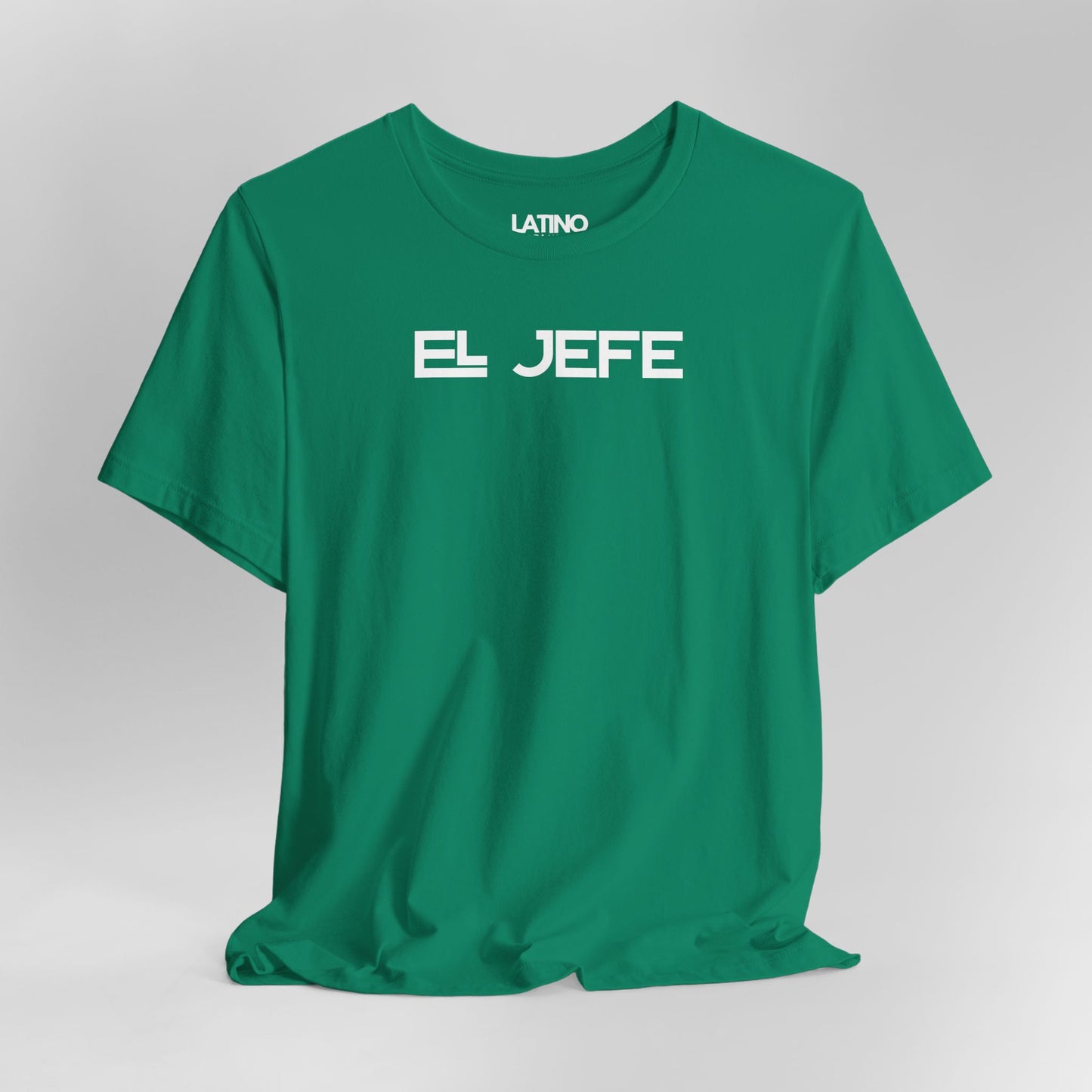 Close up El Jefe t-shirt in green with bold white lettering. Latino In Da House