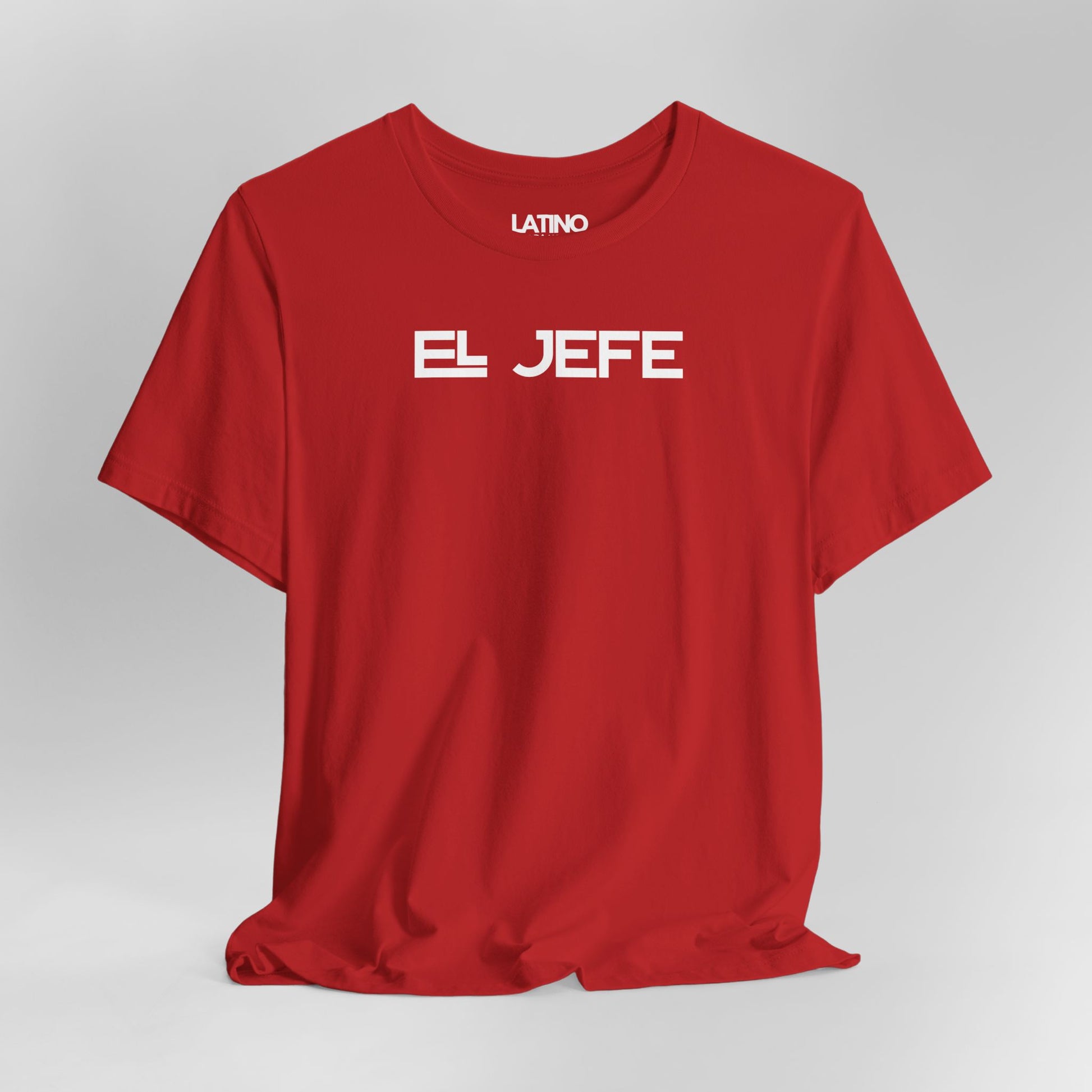 Close up El Jefe t-shirt in red with bold white lettering. Latino In Da House