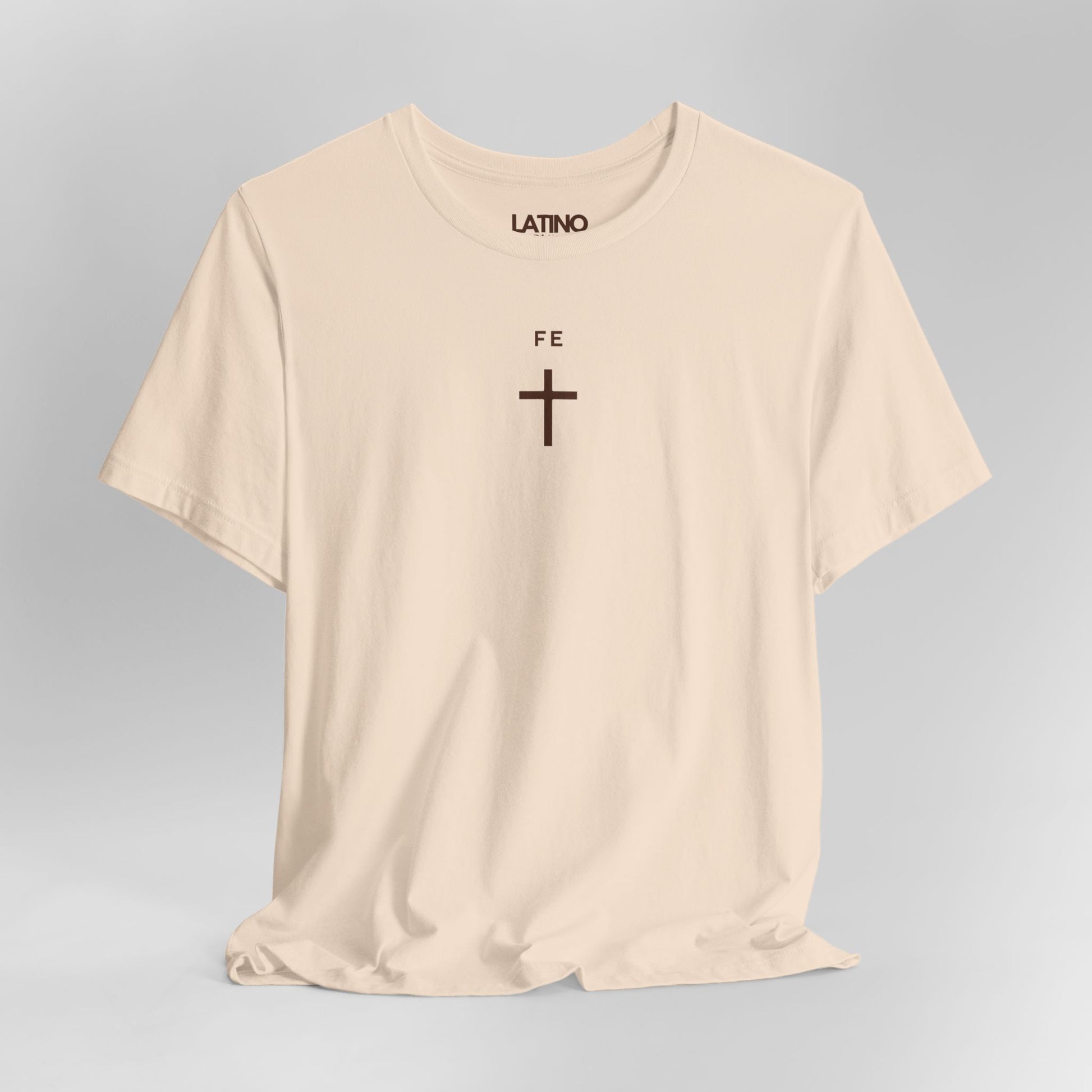 Close Up Fe Cross Faith Latino Soft Cream Minimalist Black T-Shirt. Latino In Da House 