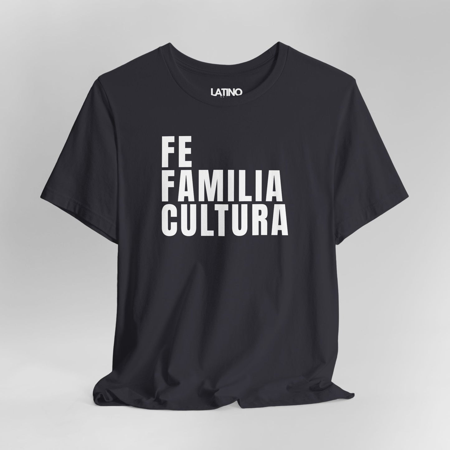 Close Up Dark Grey "Fe Familia Cultura" T-Shirt - Latino Faith & Cultura Tee. Latino In Da House