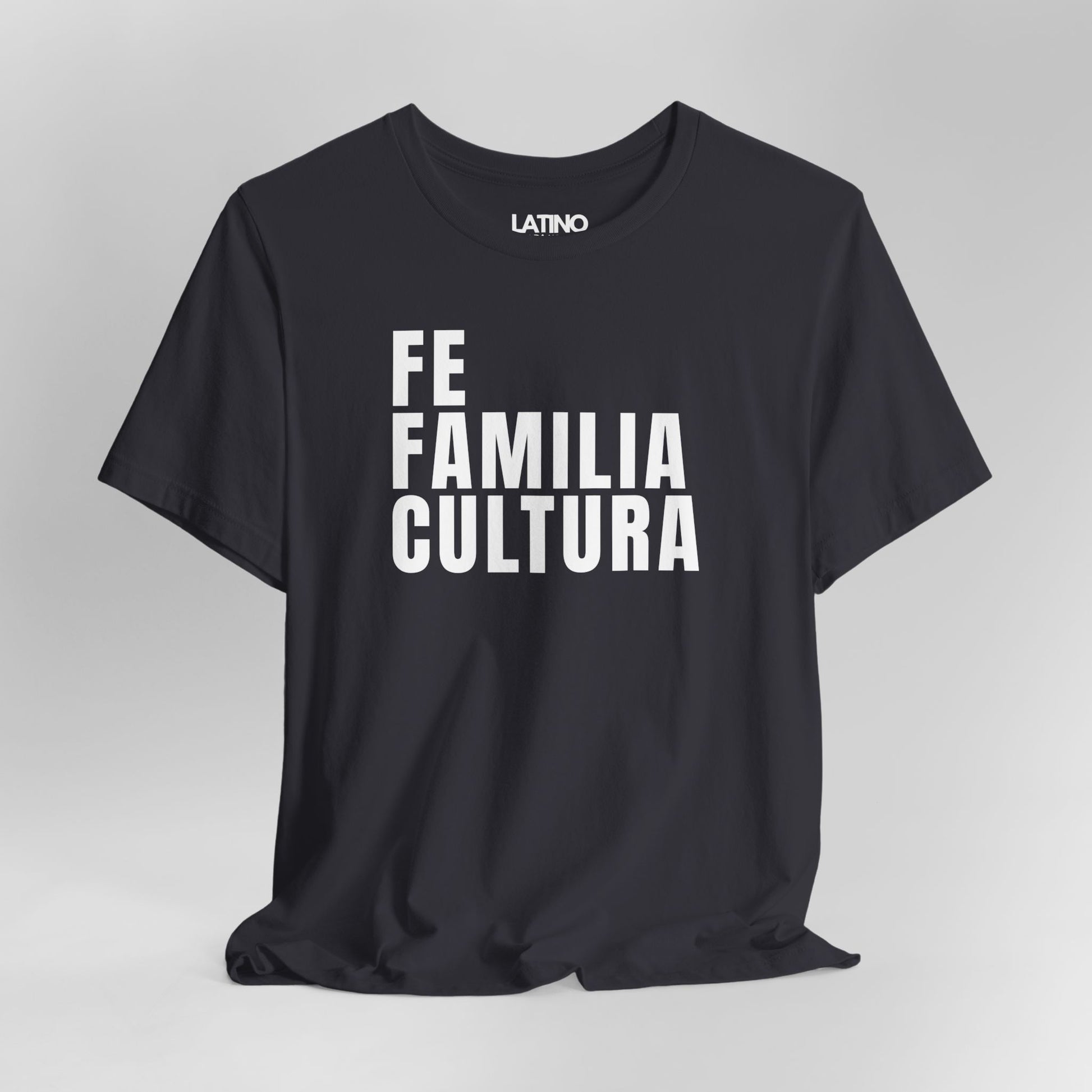 Close Up Dark Grey "Fe Familia Cultura" T-Shirt - Latino Faith & Cultura Tee. Latino In Da House