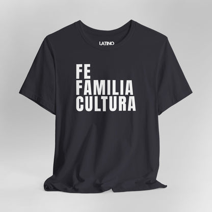 Close Up Dark Grey "Fe Familia Cultura" T-Shirt - Latino Faith & Cultura Tee. Latino In Da House