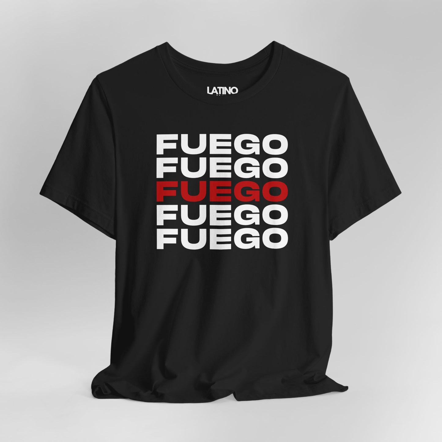 Close Up Fuego Latino Heat Black T-Shirt. Latino In Da House