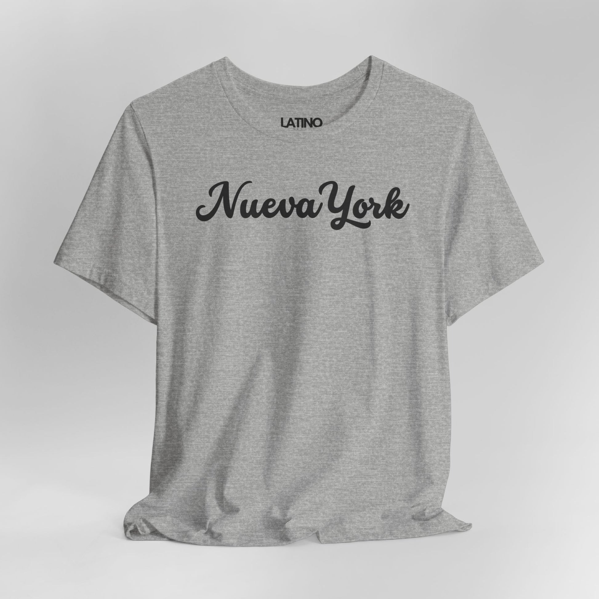 Close Up Heather grey Nueva York T-shirt with black text, soft cotton Latino streetwear. Latino In Da House
