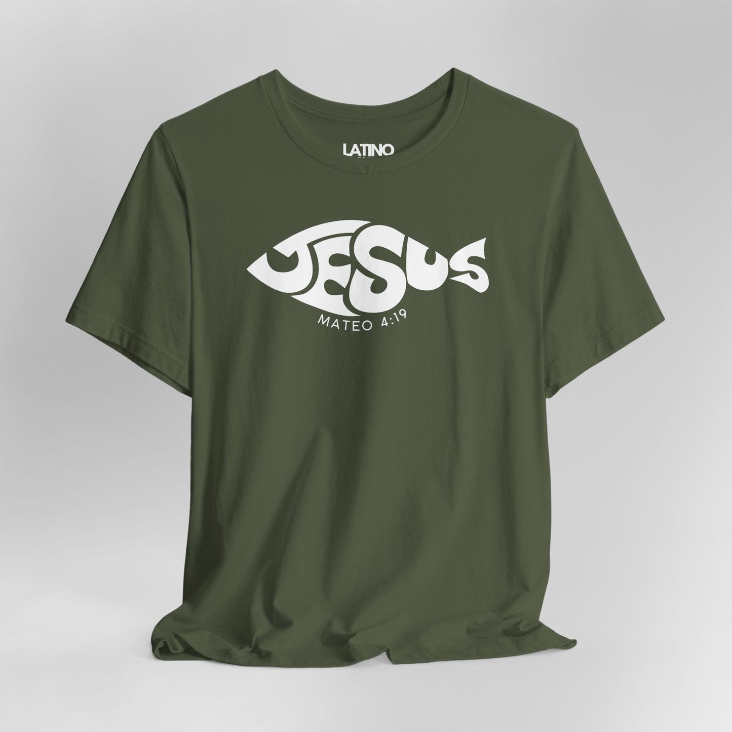 Close Up Jesús Fish Mateo 4:19 green t-shirt. Latino In Da House