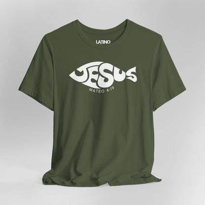 Close Up Jesús Fish Mateo 4:19 green t-shirt. Latino In Da House