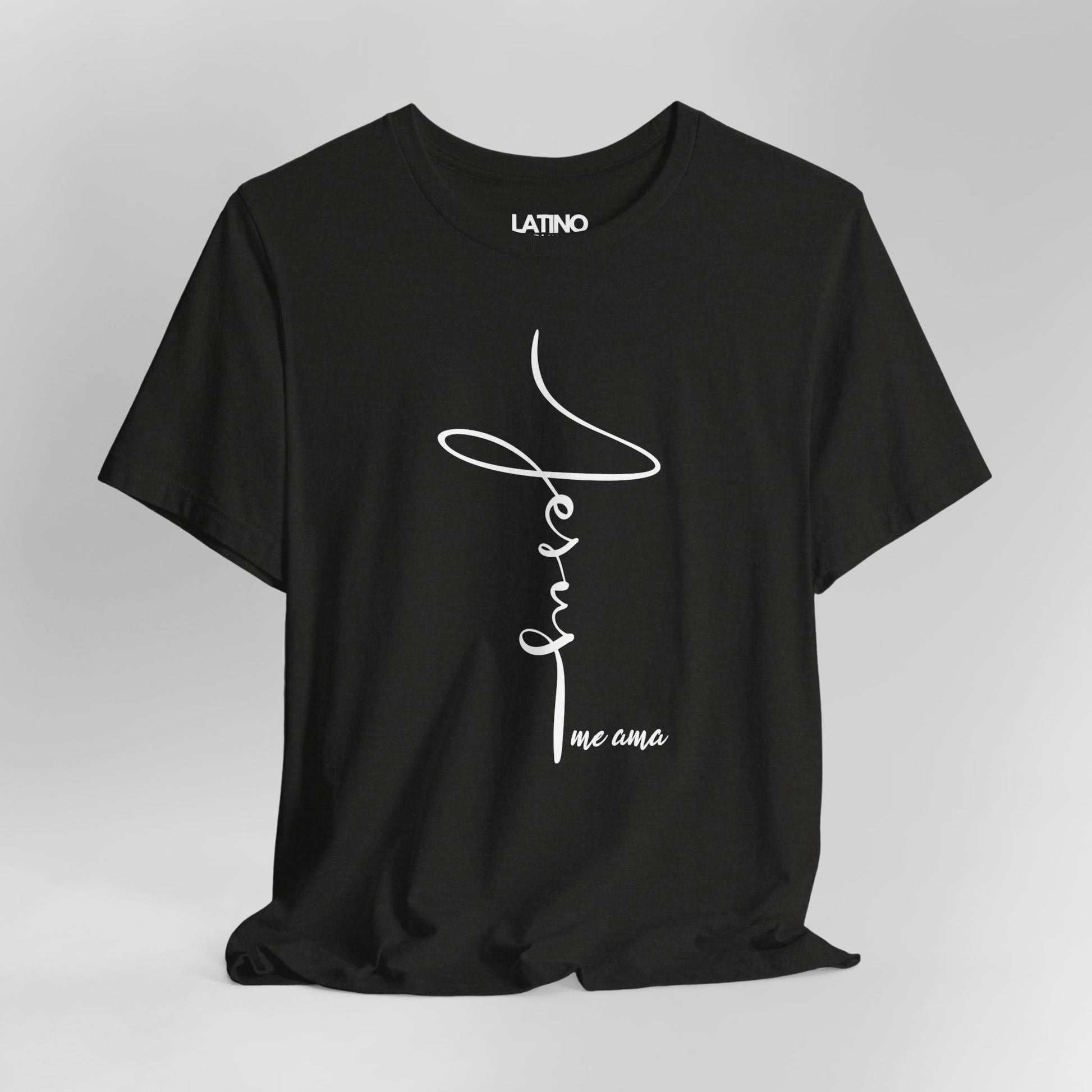 Close Up Jesus Me Ama Spanish Faith Black Heather T-Shirt. Latino In Da House 