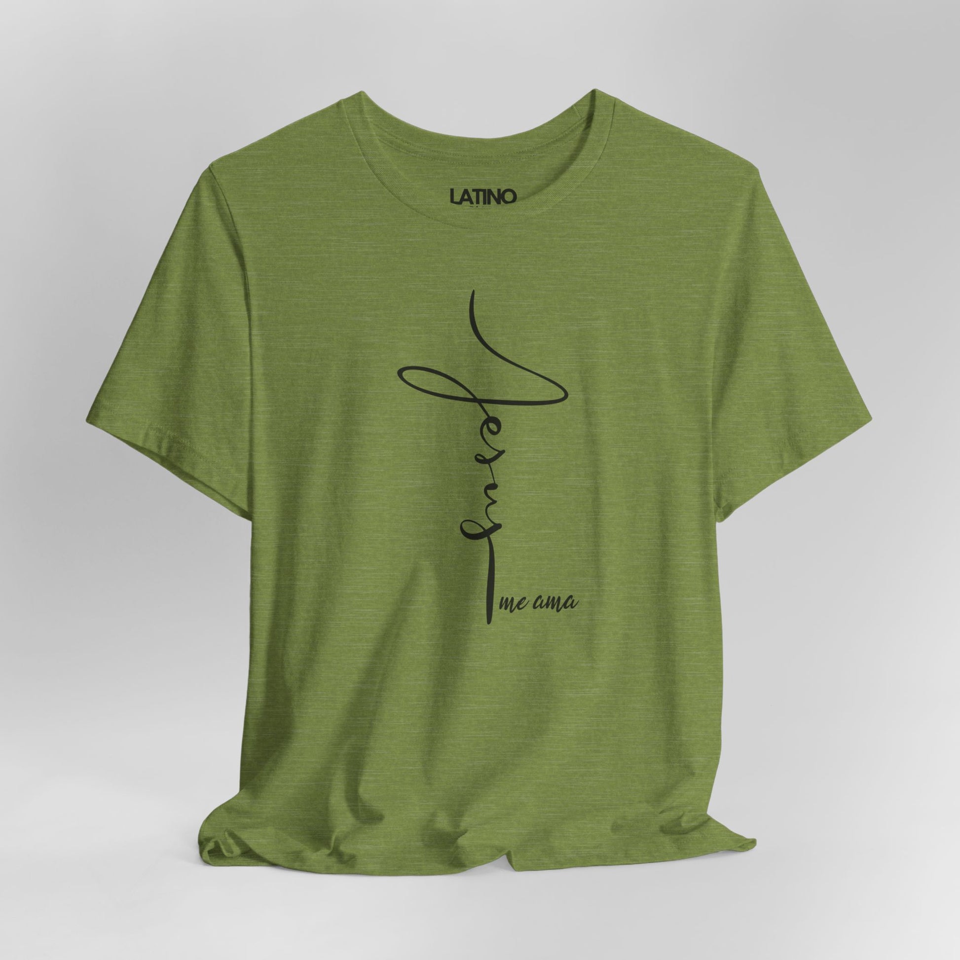 Close Up Jesus Me Ama Spanish Faith Green Heather T-Shirt. Latino In Da House 