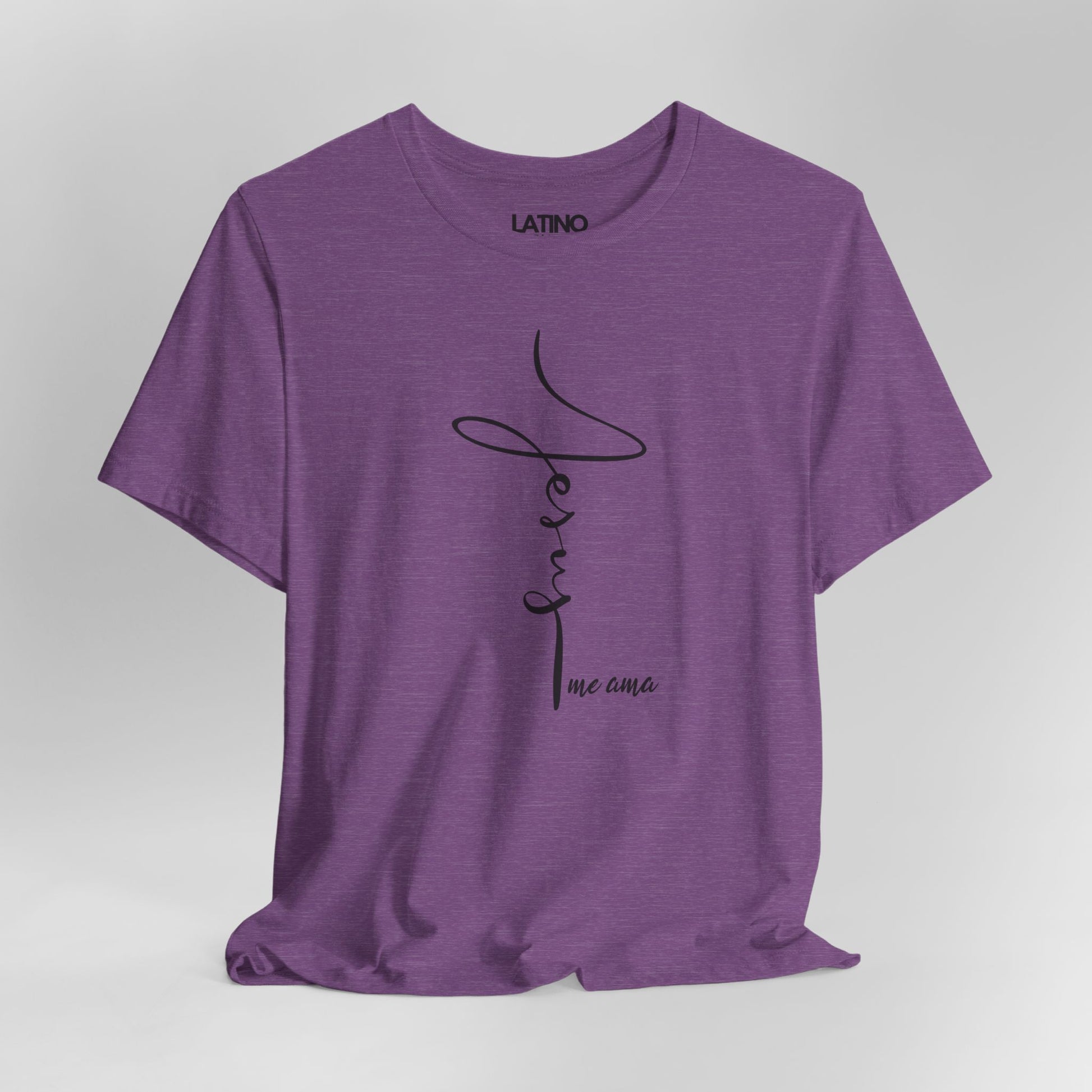 Close Up Jesus Me Ama Spanish Faith Purple Heather T-Shirt. Latino In Da House 