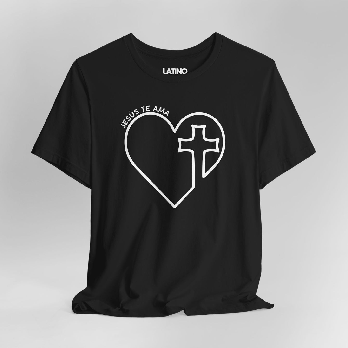 Close Up Jesus Te AMA heart cross black t-shirt. Latino In Da House