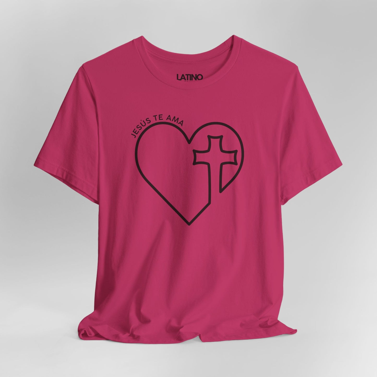 Close Up Jesus Te AMA heart cross hot berry pink t-shirt. Latino In Da House