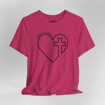 Close Up Jesus Te AMA heart cross hot berry pink t-shirt. Latino In Da House