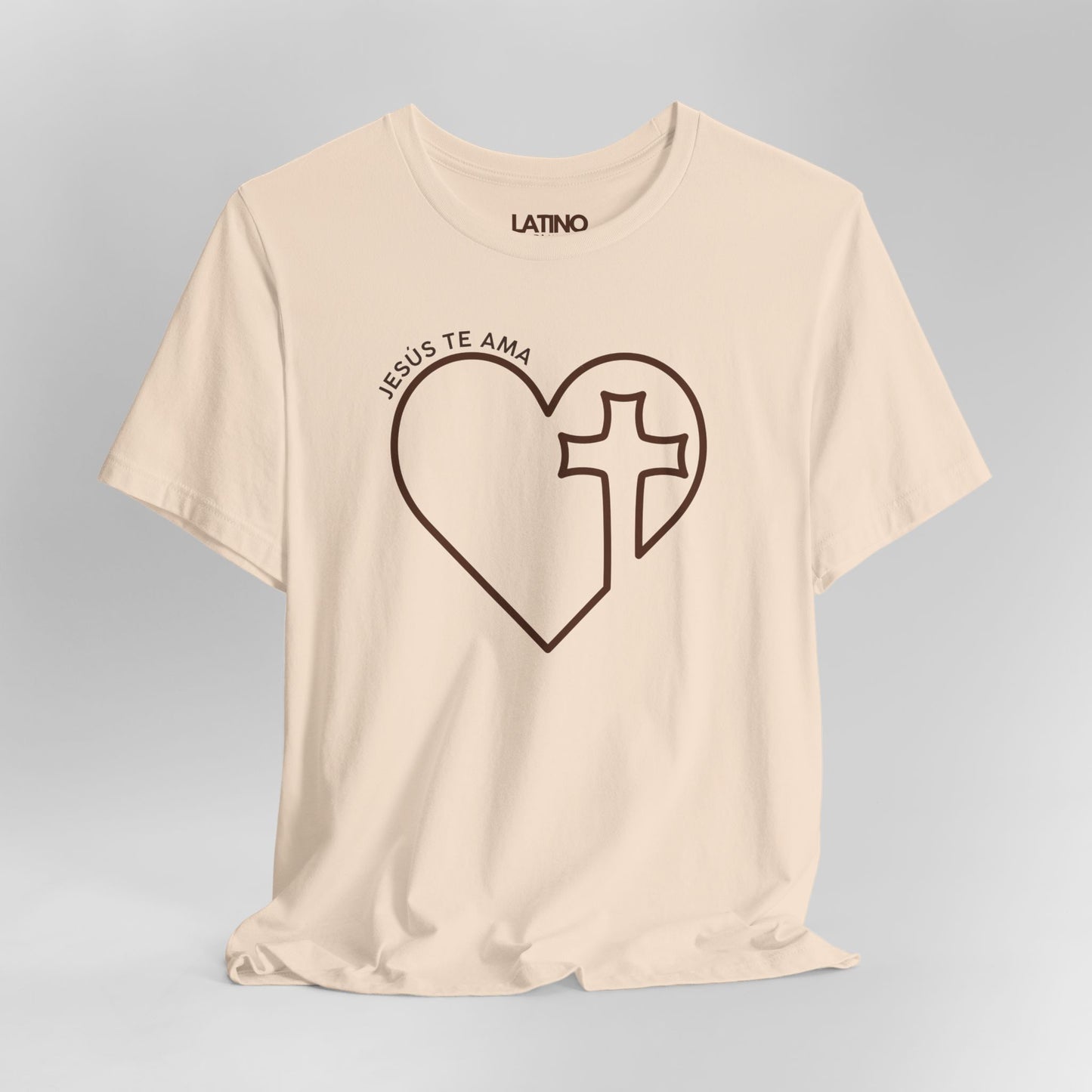Close Up Jesus Te AMA heart cross soft cream t-shirt. Latino In Da House