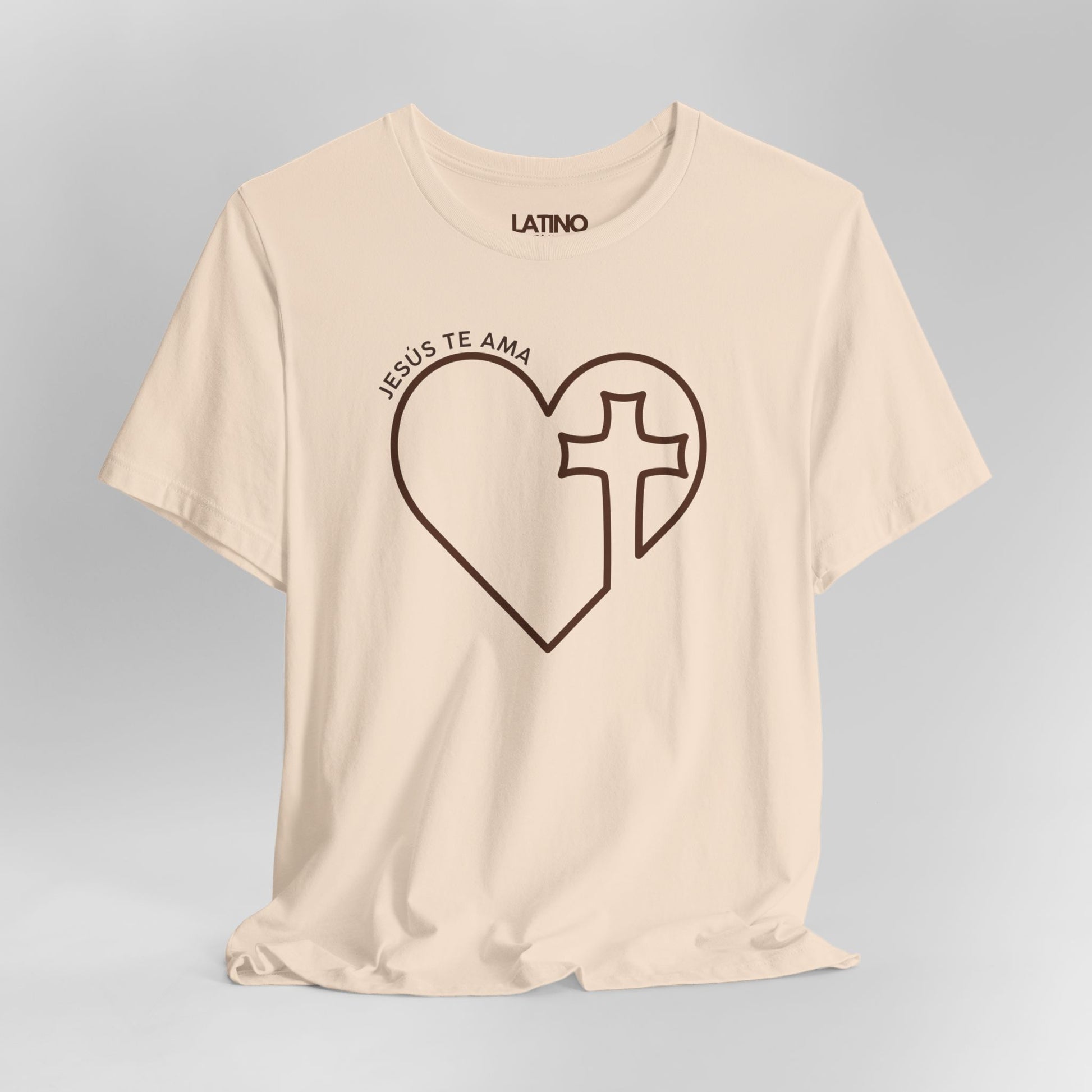 Close Up Jesus Te AMA heart cross soft cream t-shirt. Latino In Da House