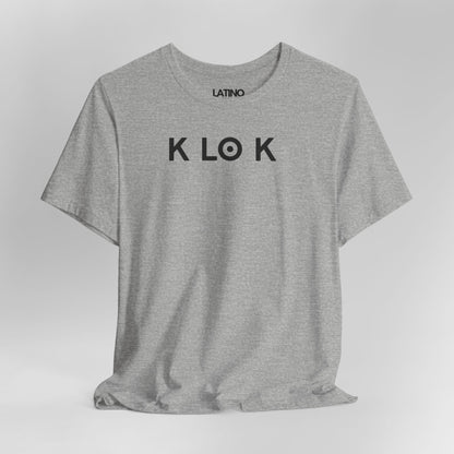 Close Up K LO K t-shirt in heather grey with minimalist black lettering. Latino In Da House
