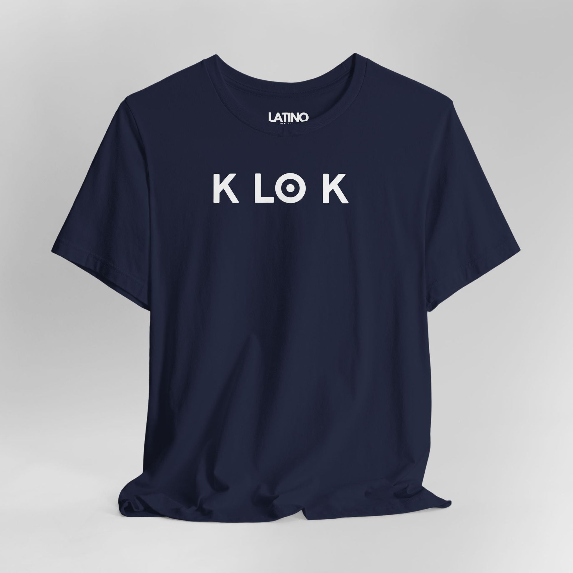 Close Up K LO Kt-shirt in navy with minimalist white lettering. Latino In Da House
