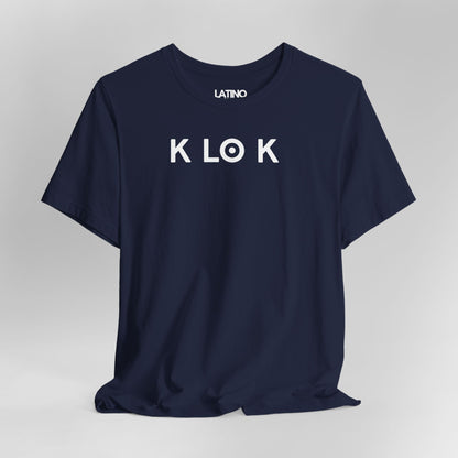 Close Up K LO Kt-shirt in navy with minimalist white lettering. Latino In Da House