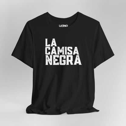 Close Up La Camisa Negra Distressed T-Shirt in black with bold white lettering - Latino In Da House.