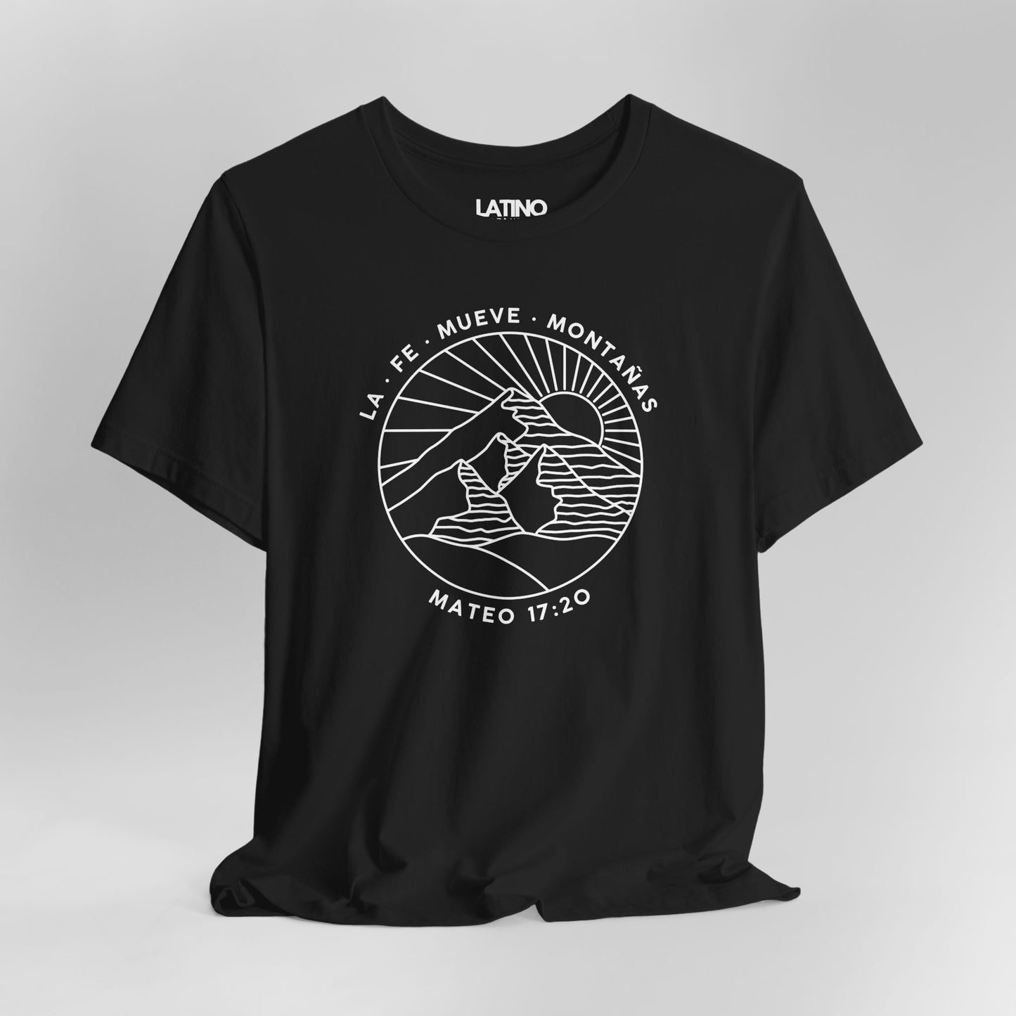 Close Up La Fe Mueve Montañas black t-shirt. Latino In Da house