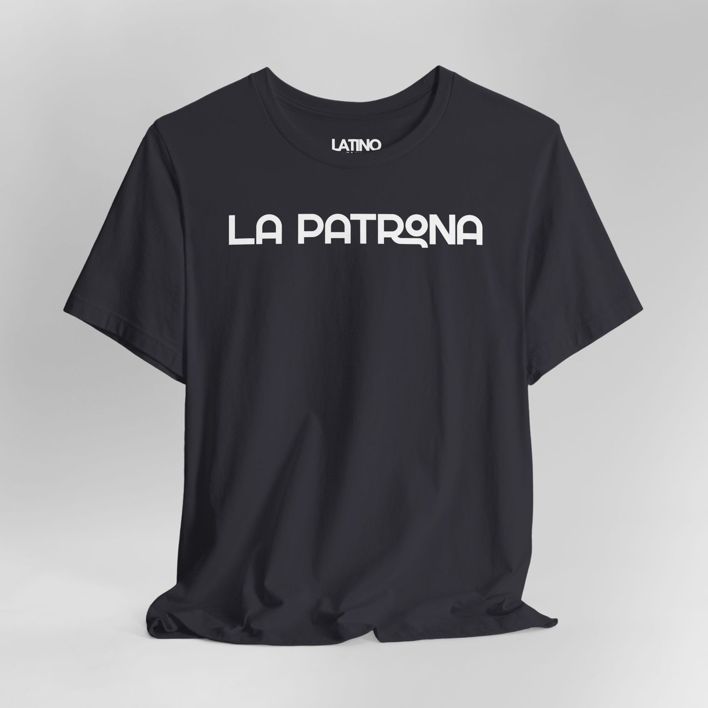 Close Up La Patrona Latina Boss dark grey t-shirt. Latino In Da House