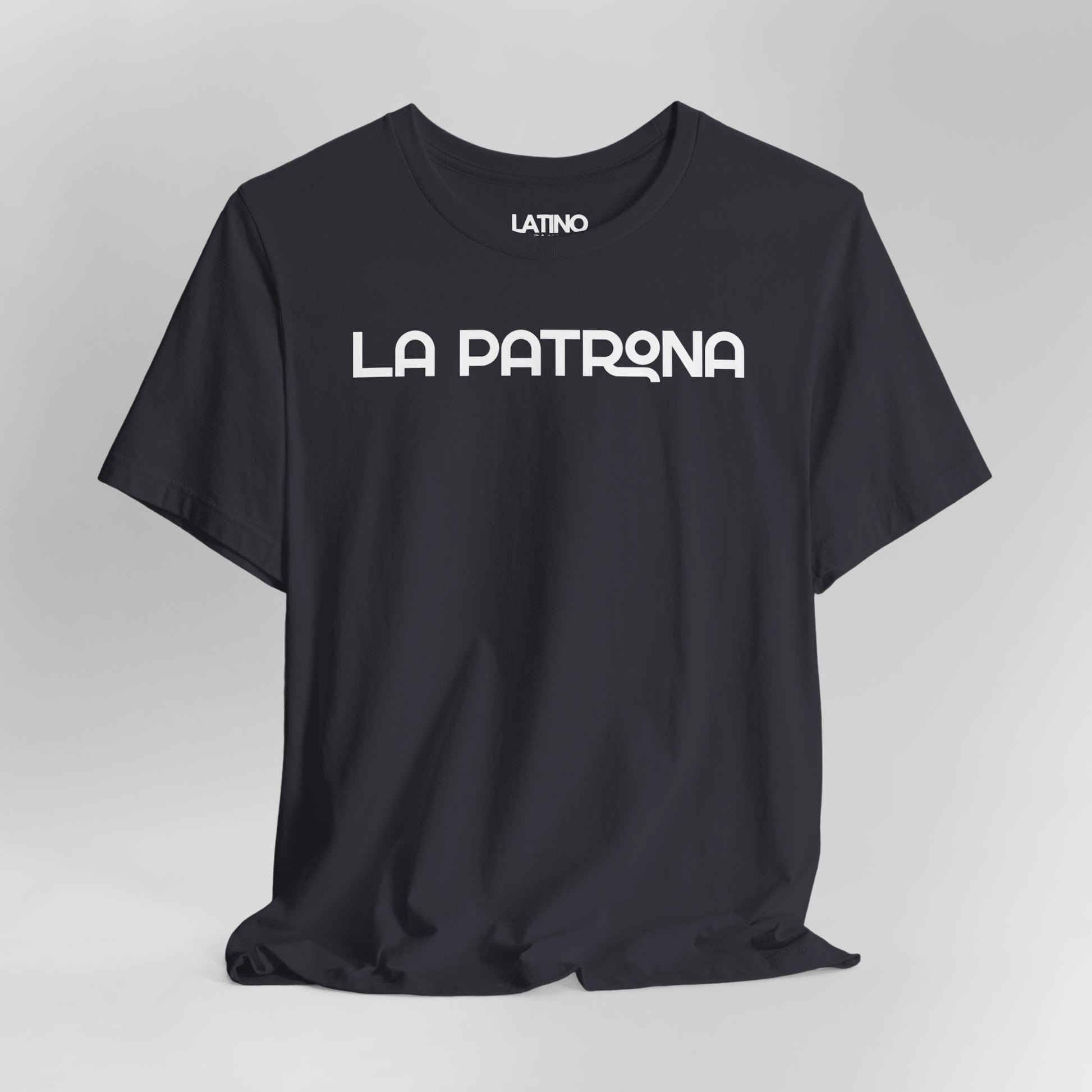 Close Up La Patrona Latina Boss dark grey t-shirt. Latino In Da House