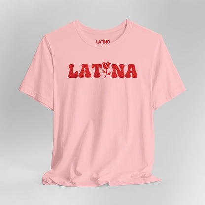 Close Up Latina Flor pink t-shirt. Latino In Da House