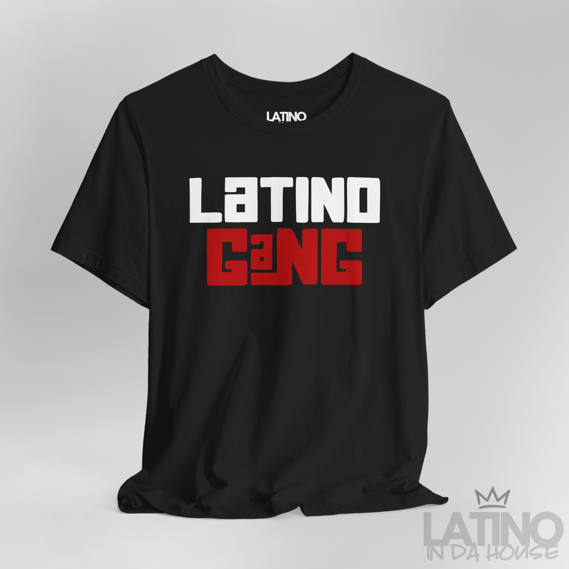 Close Up Latino Gang T-Shirt in black with bold white and red street-style lettering. Latino In Da House 
