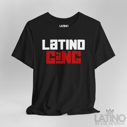 Close Up Latino Gang T-Shirt in black with bold white and red street-style lettering. Latino In Da House 