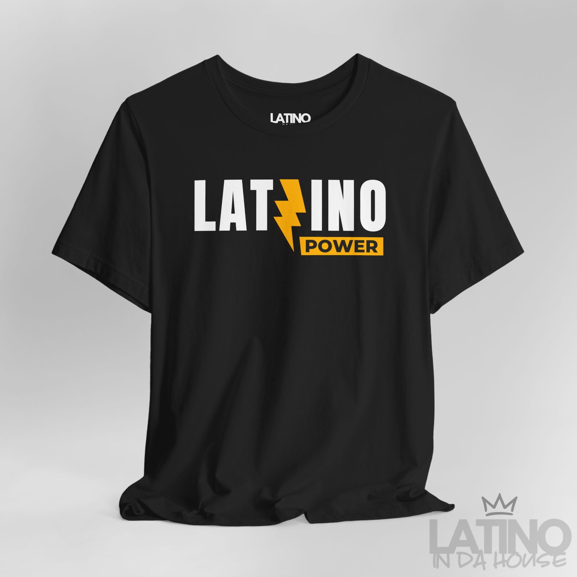 Close Up Latino Power black T-shirt with bold white and yellow lightning design, Latino pride streetwear. Latino In Da House