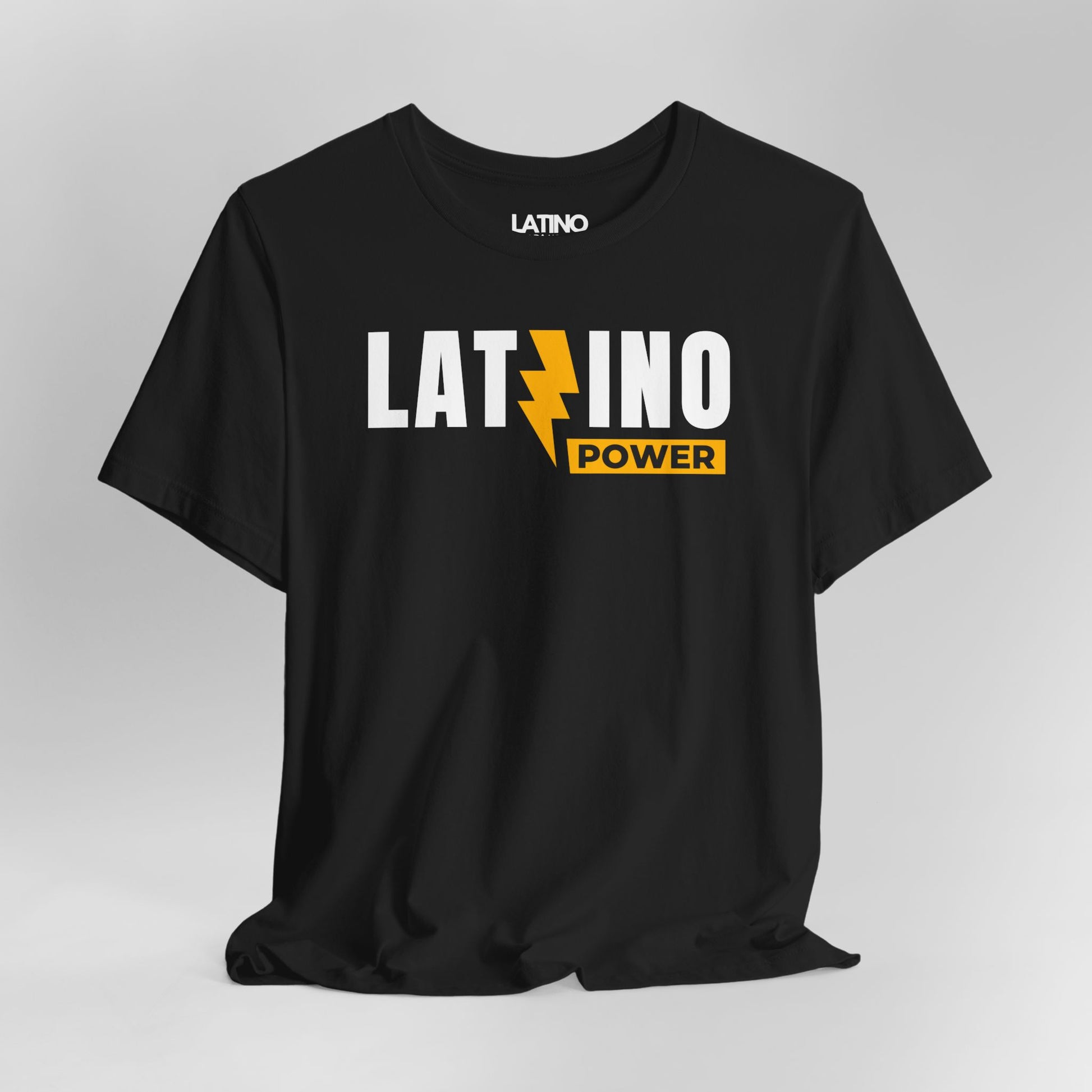 Close Up Latino Power black T-shirt with bold white and yellow lightning design, Latino pride streetwear. Latino In Da House