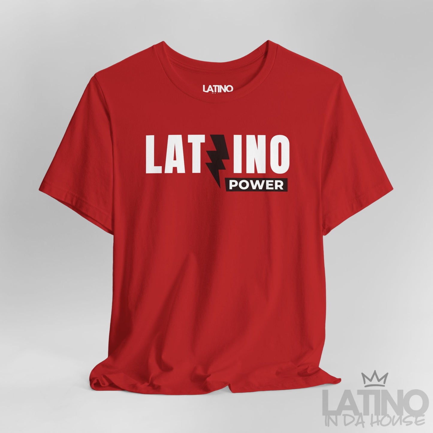 Close Up Red Latino Power T-shirt with white text and black lightning bolt, Latino pride lifestyle tee. Latino In Da House