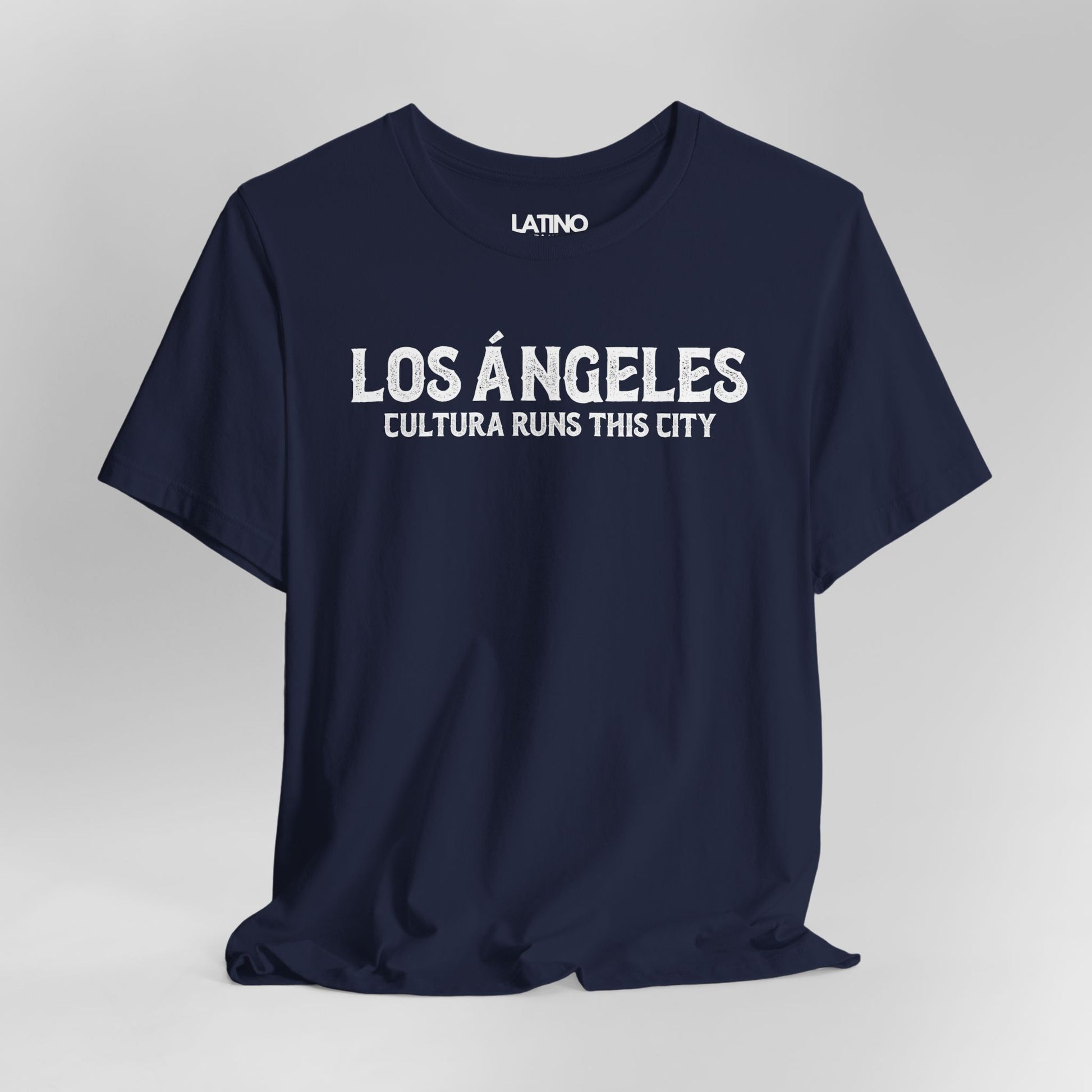 Close Up Los Ángeles Cultura Runs This City T-Shirt in navy blue with white print - Latino lifestyle streetwear tee. Latino In Da House