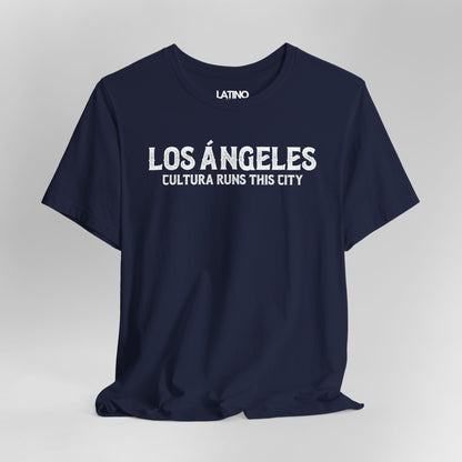 Close Up Los Ángeles Cultura Runs This City T-Shirt in navy blue with white print - Latino lifestyle streetwear tee. Latino In Da House
