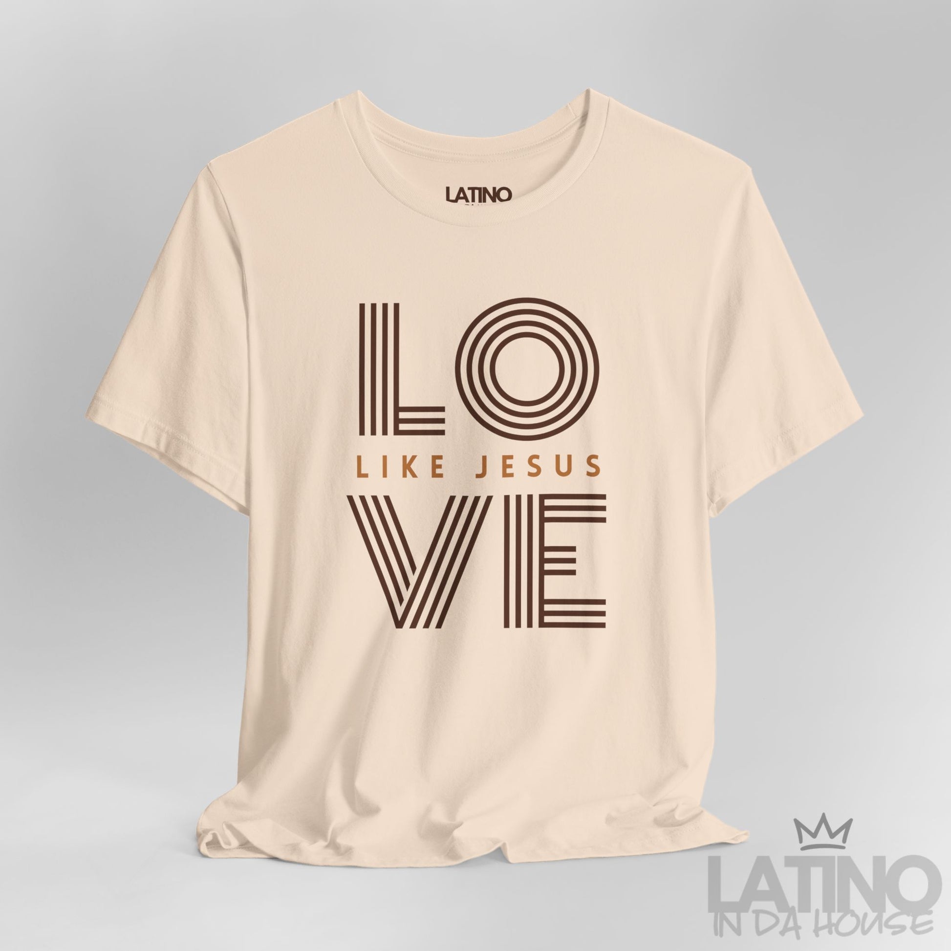 Close Up LOVE Like Jesus t-shirt in soft cream with brown retro typography. Latino In Da House 