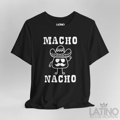 Close Up Macho Nacho T-Shirt in black featuring cartoon nacho with sombrero and mustache — funny Latino humor tee. Latino In Da House