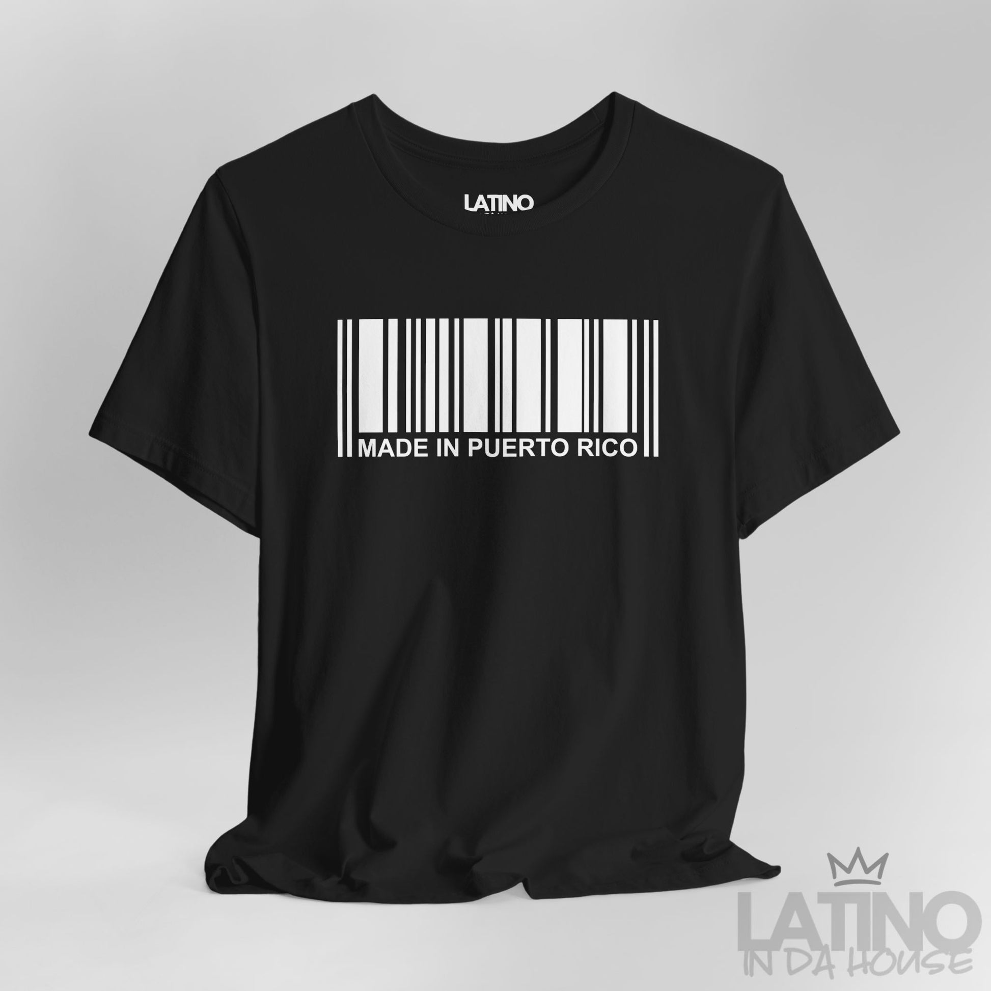 Close Up Black T-shirt with white barcode design and ‘Made in Puerto Rico’ text by Latino In Da House.