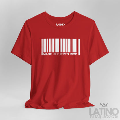 Close Up Red T-shirt with white barcode graphic and ‘Made in Puerto Rico’ text by Latino In Da House.