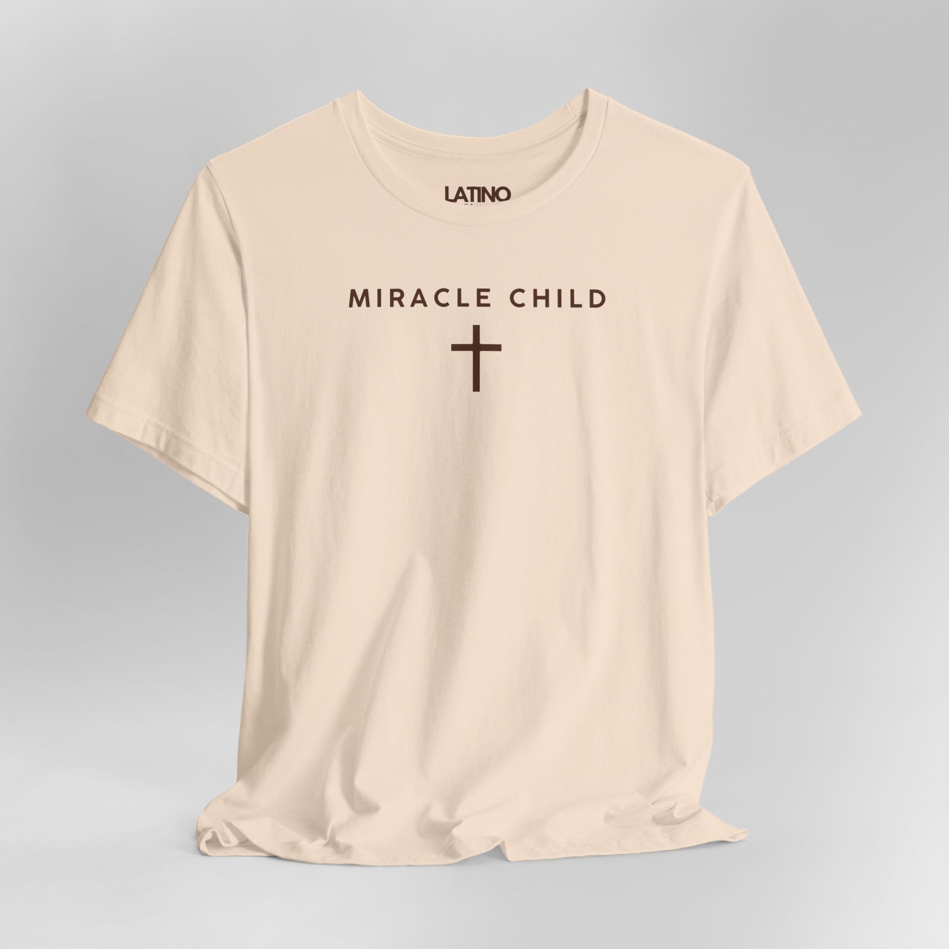 Close Up Miracle Child Cross Faith Minimal Soft Cream T-Shirt. Latino In Da House 