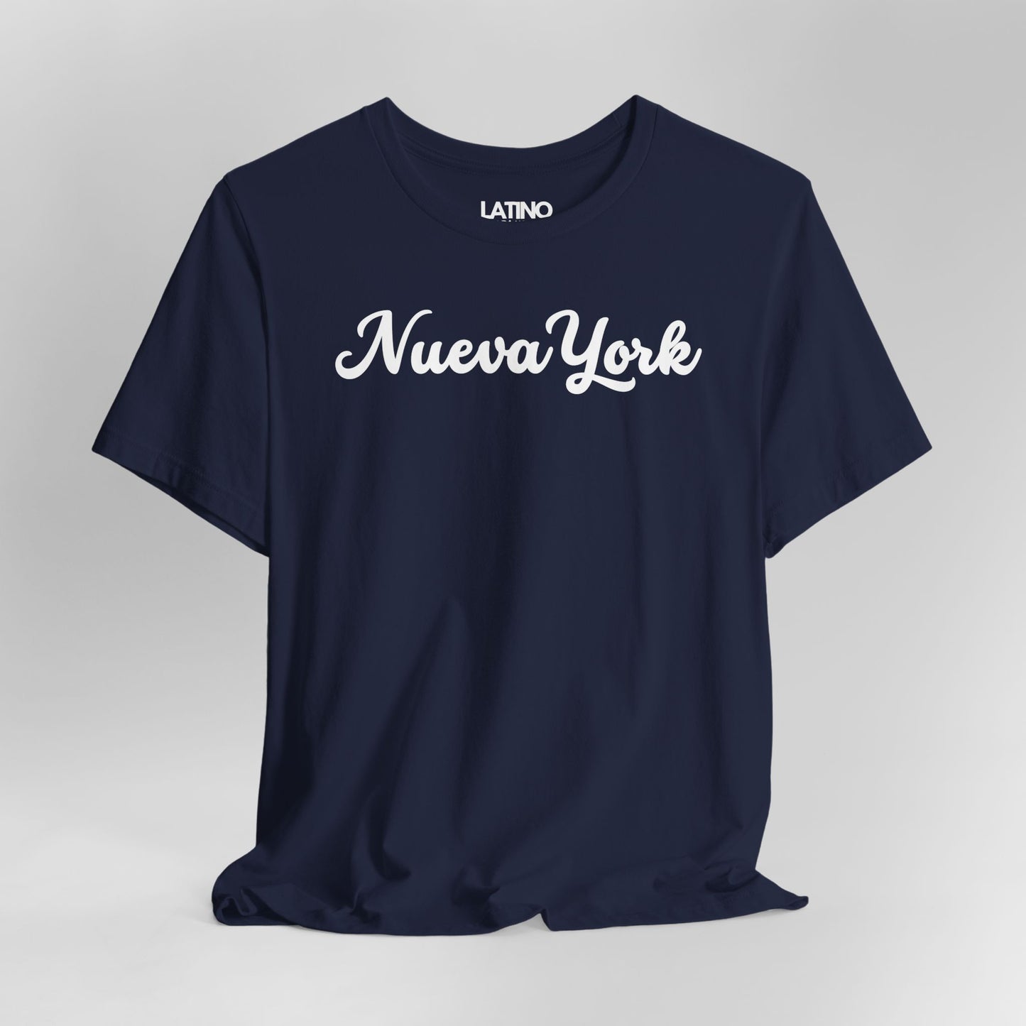 Close Up Nueva York navy blue T-shirt in elegant white script, Latino city pride style. Latino In Da House