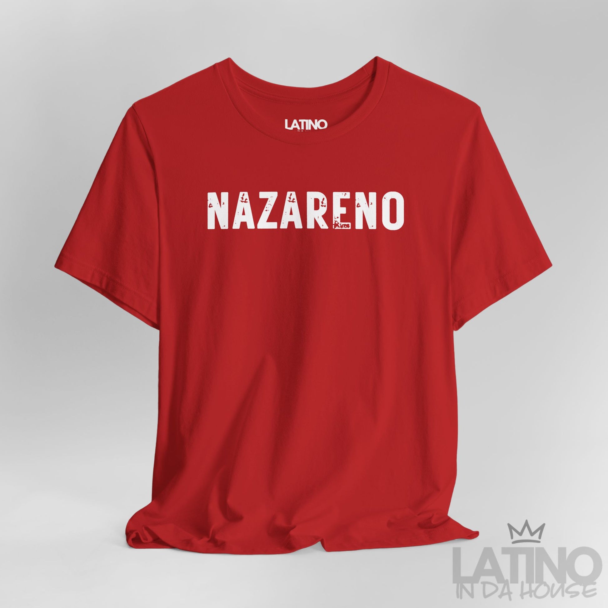 Close Up Red “Nazareno” Distressed Faith T-Shirt – bold Latino Christian design. Latino In Da House 