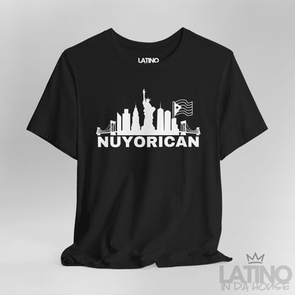 Close Up Black Nuyorican T-shirt with New York skyline and Puerto Rican flag graphic by Latino In Da House.