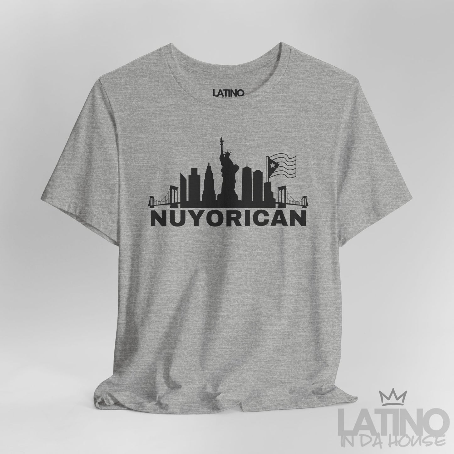 Close Up Heather grey Nuyorican T-shirt with NYC skyline silhouette and Puerto Rican flag by Latino In Da House.