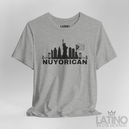 Close Up Heather grey Nuyorican T-shirt with NYC skyline silhouette and Puerto Rican flag by Latino In Da House.