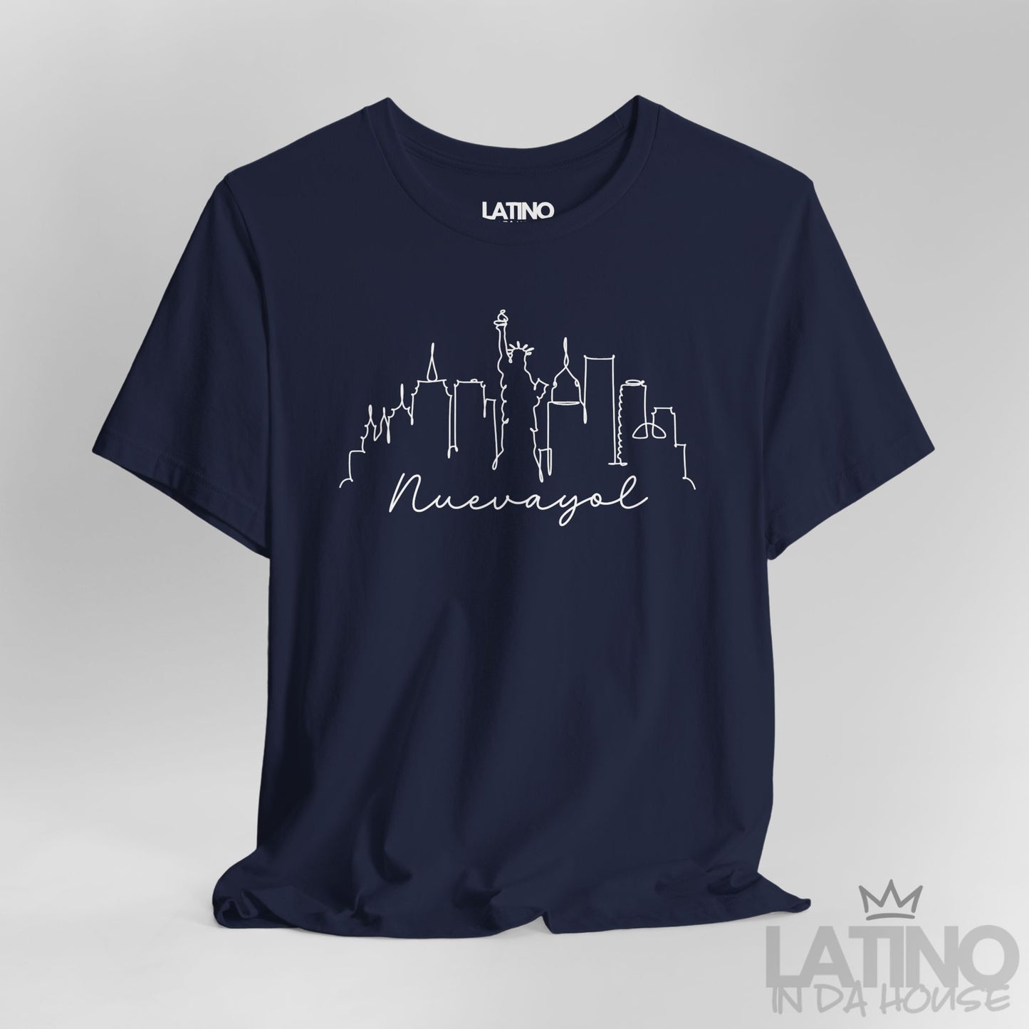 Close Up Nuevayol Liberty T-Shirt in Navy Blue — white one-line NYC skyline with script text. Latino In Da House 