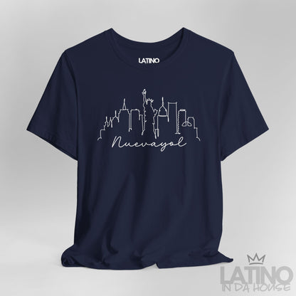 Close Up Nuevayol Liberty T-Shirt in Navy Blue — white one-line NYC skyline with script text. Latino In Da House 