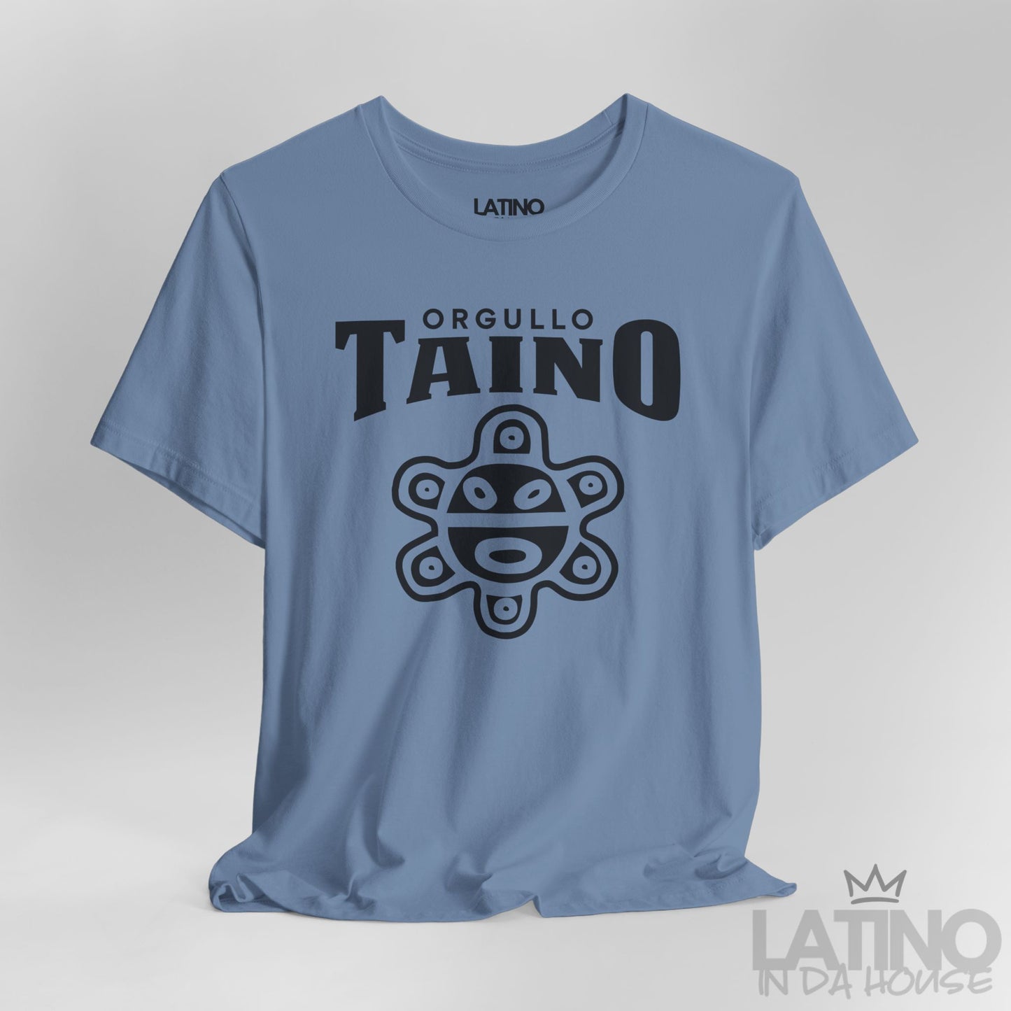 Close Up Orgullo Taíno Classic T-Shirt in Steel Blue — black Taíno symbol and text. Latino In Da House 
