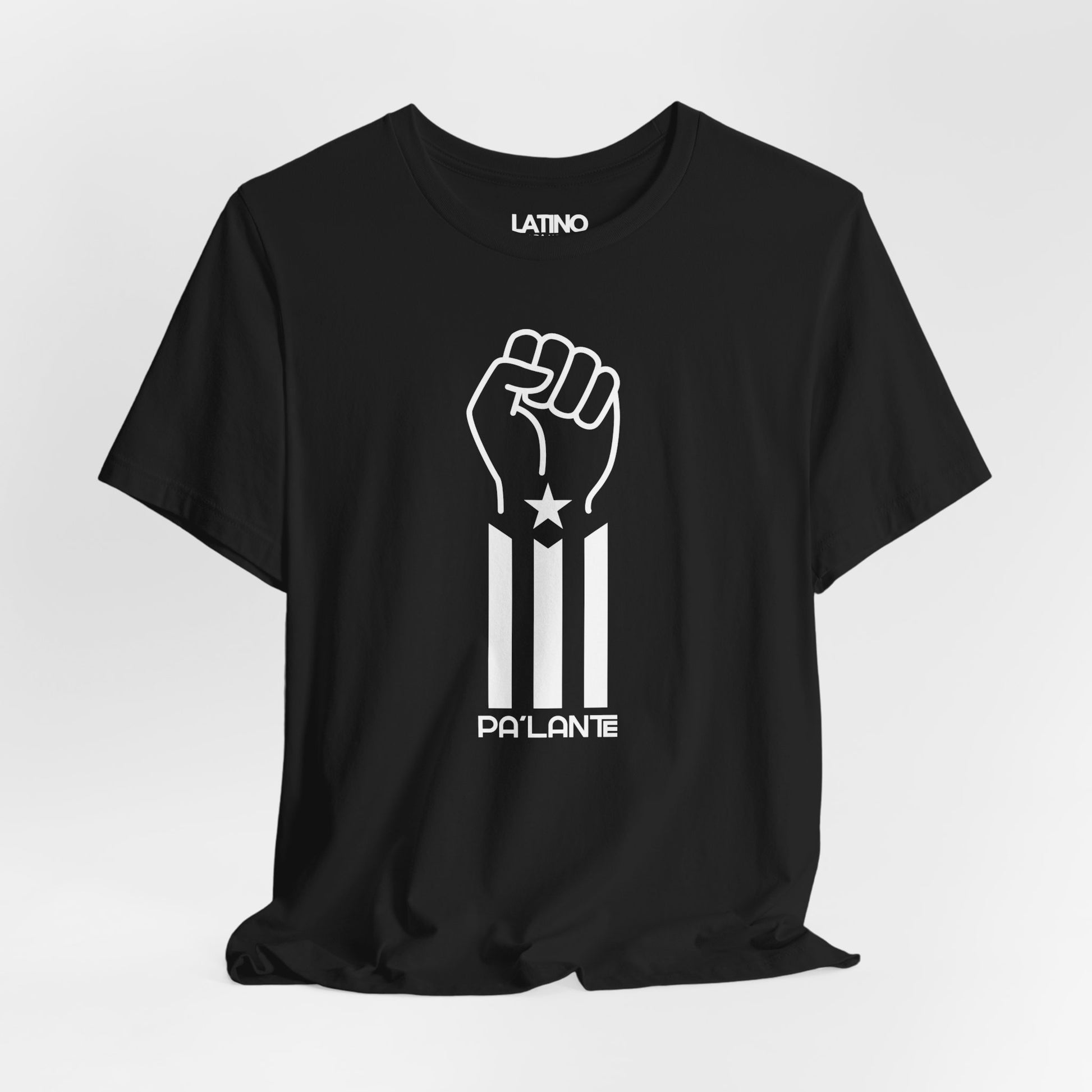Close-up of Pa'lante fist design with star and vertical flag stripe. Latino In Da House